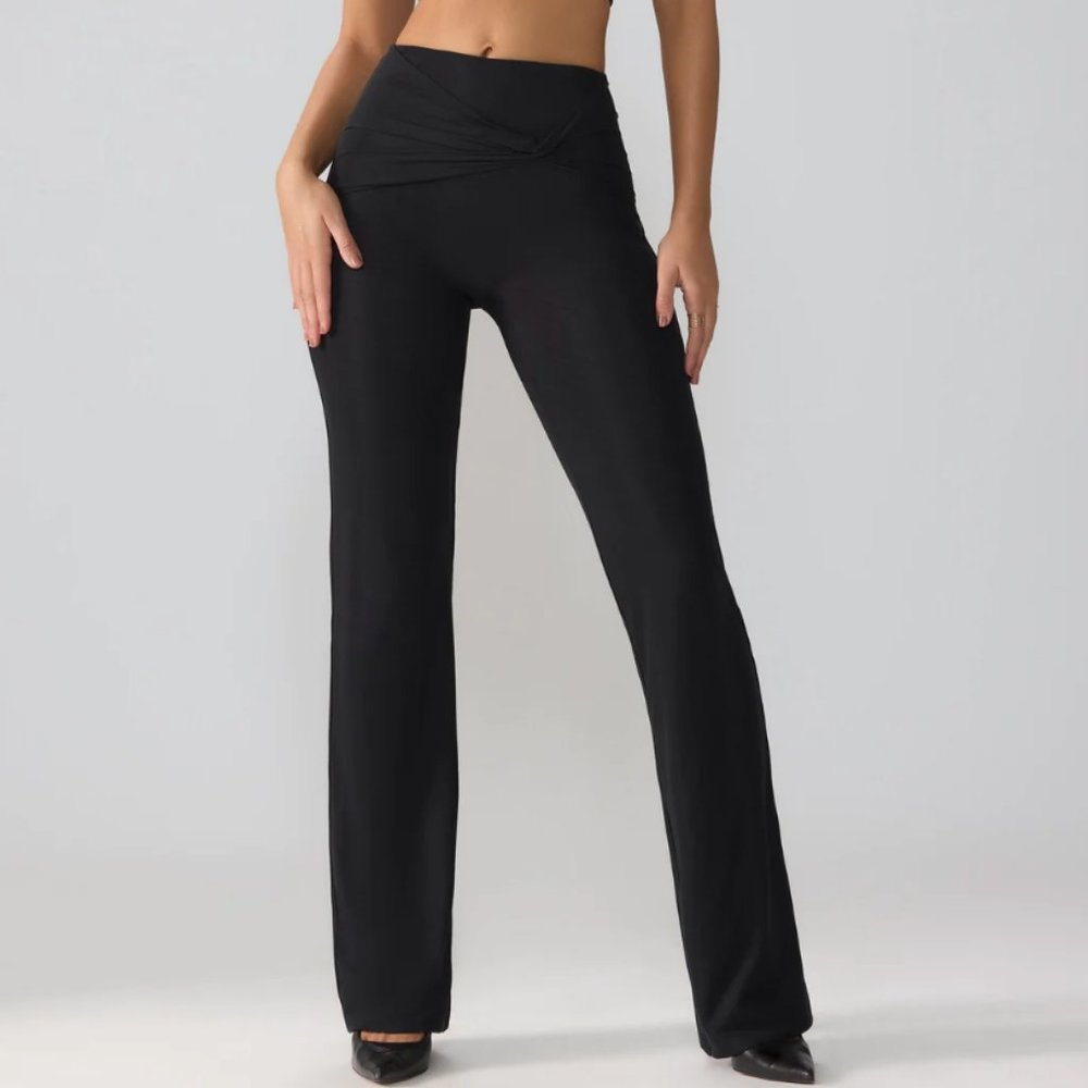 Mesh Mid Rise Twist Overlay Flare Trousers in Black